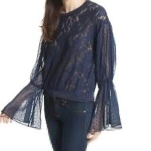 Free People Something Like Love Navy Lace Bell Sleeve Top XS